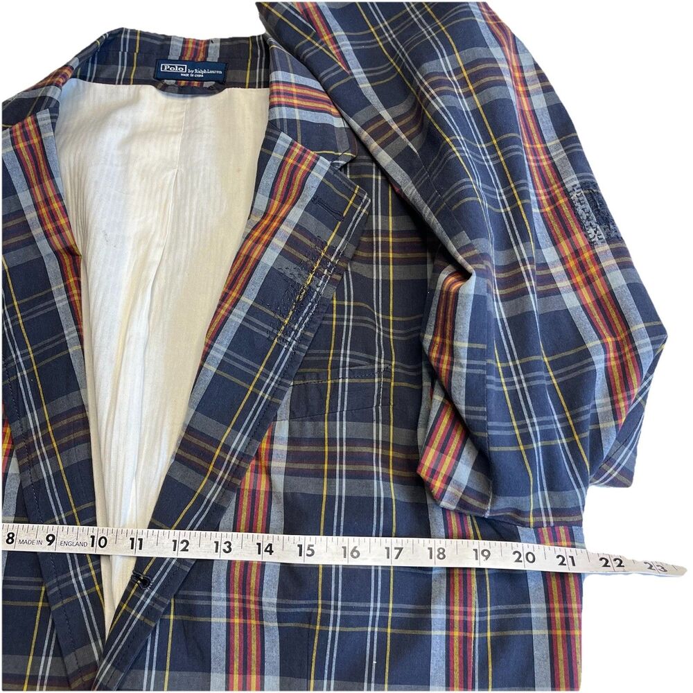 Polo Ralph Lauren Vtg 90s Distressed Madras Plaid Sport Coat Blazer 44R Preppy - Picture 14 of 16